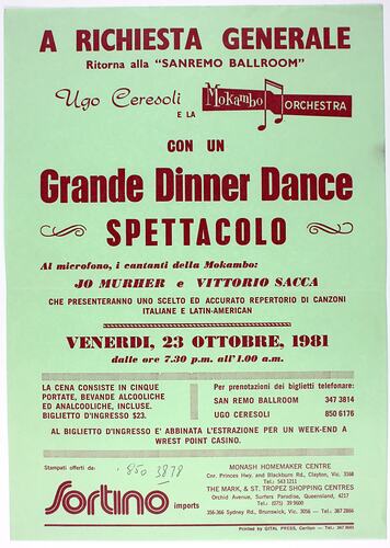 Flyer - Mokambo Orchestra, Grande Dinner Dance Spettacolo, North Carlton, 23 Oct 1981
