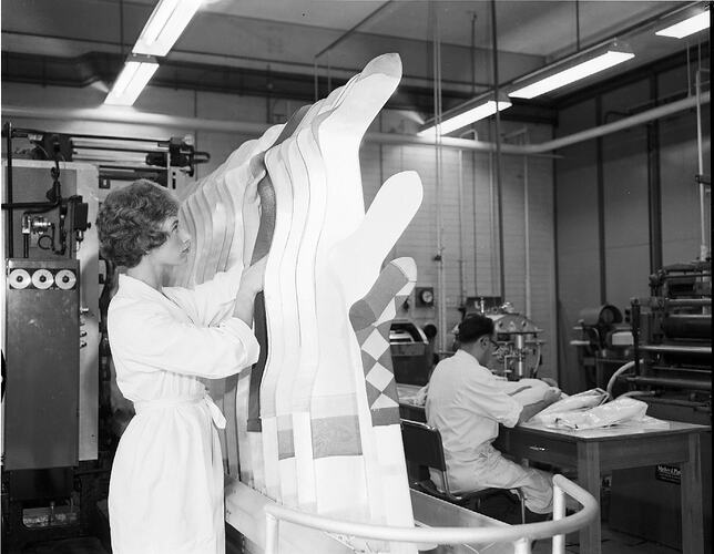 Negative - British Nylon Spinners, Woman Using Boarding Machine, Bayswater, Victoria, Mar 1960
