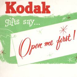Card - Kodak Australasia Pty Ltd, 'Kodak Gifts Say Open Me First!', circa 1960s