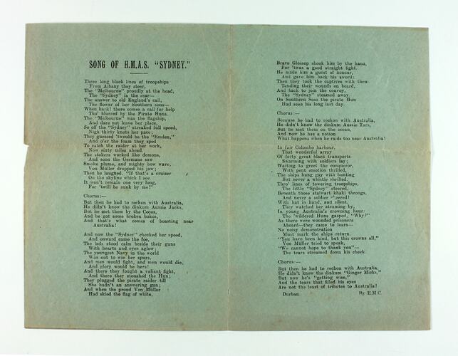 Single page on coarse green stock with two columns of printed text.