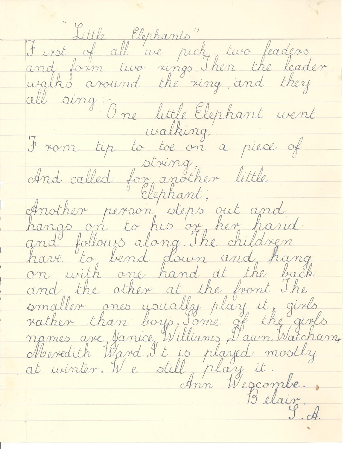 Document - Ann Wescombe, to Dorothy Howard, Description of Singing Game ...