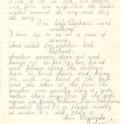 Document - Ann Wescombe, to Dorothy Howard, Description of Singing Game 'Little Elephants', 1954-1955