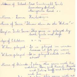 Document - Leona Howlett, Addressed to Dorothy Howard, Description of Chasing Game 'Throw Them to the Wolves', 1954-1955