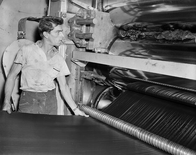 BF Goodrich Australia, Worker Using Machinery, Somerton, Victoria, 17 Feb 1960