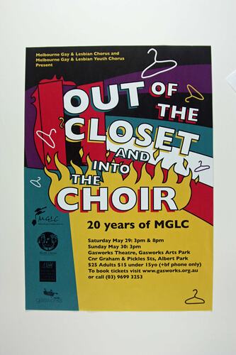 Front of poster with colourful flame and rainbow graphics.
