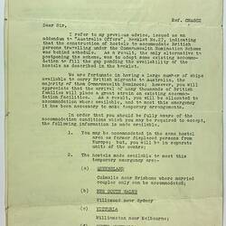 Letter - Notification of Temporary Accommodation in Australia, Stanley Hathaway, Commonwealth of Australia,  Australia House London, 1951