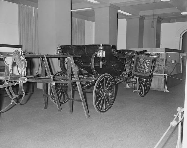 Governor's state coach ('Square Landau') on display in Monash Hall, Science Museum, Melbourne, 1971