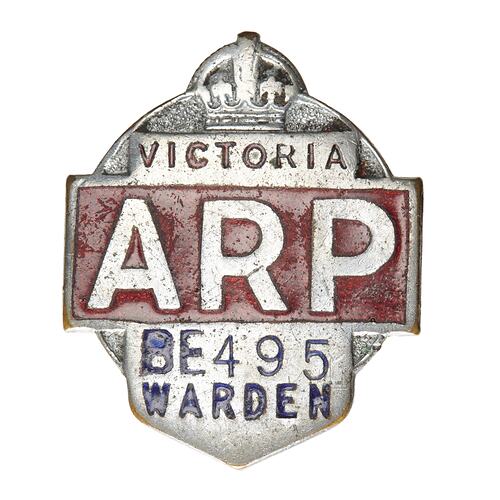 Badge - BE 495, 'ARP' Warden, Victoria, World War II, 1939-1945, Obverse