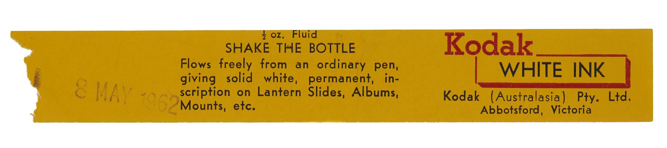 Label - Kodak (Australasia) Pty Ltd, Kodak White Ink, Abbotsford, 8 May 1962