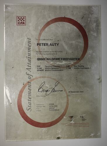 Certificate - CFA, 'Wildfire Firefighter', Peter Auty, Flowerdale, 30 Sep 2003