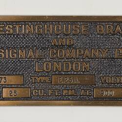 Locomotive Plate - Westinghouse Brake & Signal Company., London
