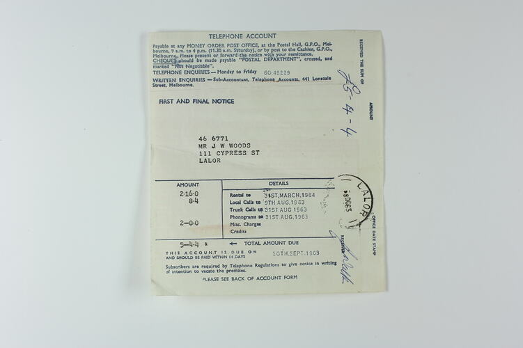 Telephone Account - John Woods, Lalor, Due 31 Mar 1964