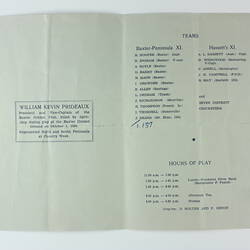 Programme - Kevin Prideaux Memorial Cricket Match, Frankston Park, 27 Nov 1955