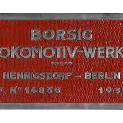 Locomotive Builders Plate - Borsig Lokomotiv Werke GmbH, Hennigsdorf-Berlin, Germany, 1939