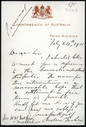 Letter - PM Andrew Fisher to H. V. McKay, 1911
