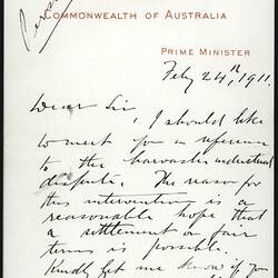Letter - Prime Minister Andrew Fisher, to H.V. McKay, 24 Feb 1911