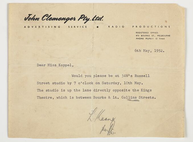 Letter - To Bernice Kopple from John Clemenger Pty Ltd, Melbourne, 6 May 1952