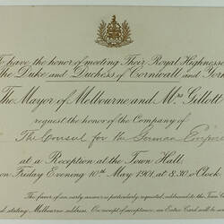 Invitation - To the Consul for the German Empire, Evening Reception, Town Hall, Melbourne, 10 May 1901
