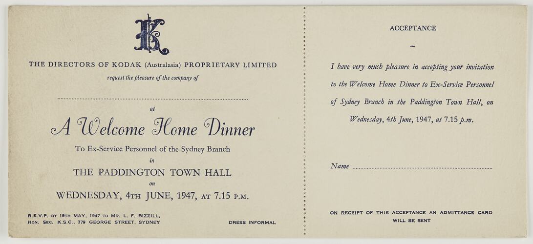 Invitation - Kodak Australasia Pty Ltd, 'Kodak Welcome Home', Sydney, 04 June 1947