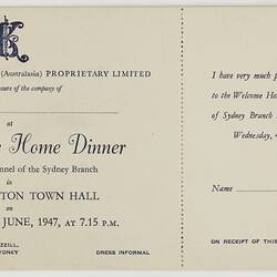 Invitation - Kodak Australasia Pty Ltd, 'Kodak Welcome Home', Sydney, 04 Jun 1947
