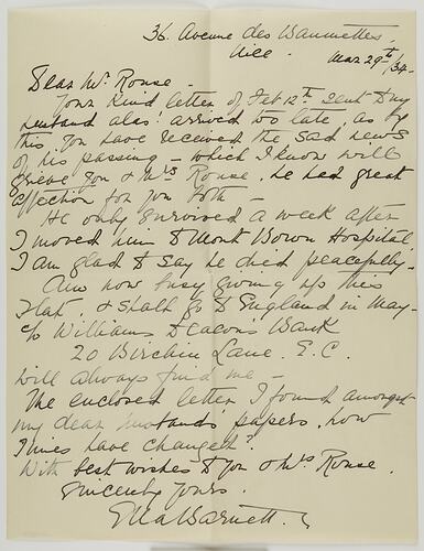 Letter - To J.J. Rouse, Death of a Friend, 29 Mar 1934