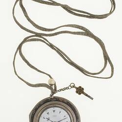 Gentleman's pocket watch in case and attached to silver plaited chain.