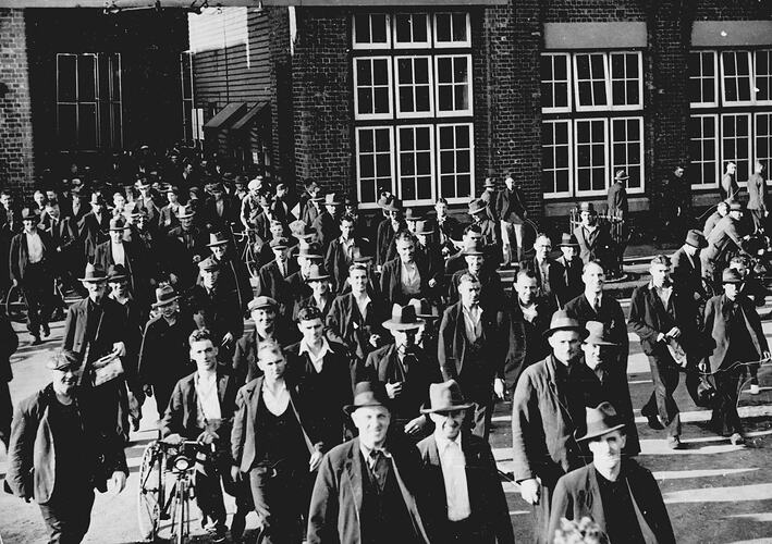 Photograph - Men Leaving the Sunshine Harvester Works, Sunshine, Victoria, Mar 1939