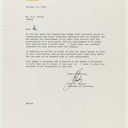 Letter - John Chester to Ken Turner, Re: Kodak Australasia Long Service Lapel Pin, Coburg, 16 Oct 1980