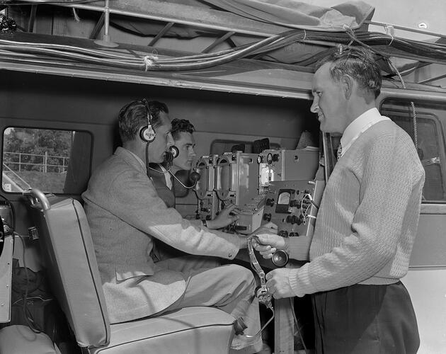Three Men in a Van with Broadcasting Equipment, Melbourne, Victoria, 1956