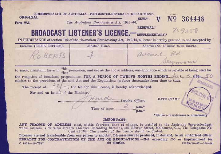 Broadcast Listener's Licence - Commonwealth of Australia, Postmaster General's Department, 29 Mar 1949