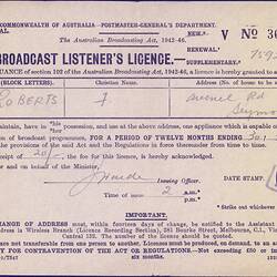Broadcast Listener's Licence - Frederick & Amelia Roberts, Commonwealth of Australia, Postmaster General's Department, 29 Mar 1949