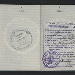 Open passport with two white pages with printed pattern. Printed and handwritten text. Multiple stamps.