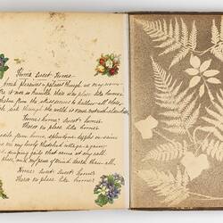 Open scrapbook showing 2 pages of inscriptions and illustrations of floral motifs.
