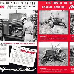 Open booklet, white pages with red and black printed text. Images of men and tractors in fields.