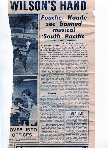 Newspaper Clipping - 'South Pacific' Controversy, Eoan Group, South Africa, 3 Mar 1968