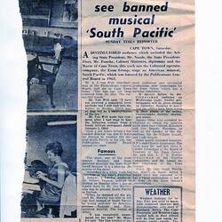 Newspaper Clipping - 'South Pacific' Controversy, Eoan Group, South Africa, 3 Mar 1968