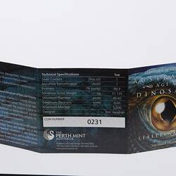 Open standing tri-fold leaflet. Left and centre panel have text. Right panel has dinosaur eye.