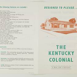 Open brochure on white paper with green and black printed text. Orange house.