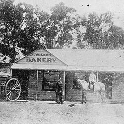 Negative - Man on Horseback & Horse-Drawn Cart Outside John Wilson's Bakery, Beeac, Victoria, circa 1885
