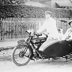 Negative - Man, Woman & Dog on a BSA Motorcycle & Sidecar, Hawthorn, Victoria, 1920