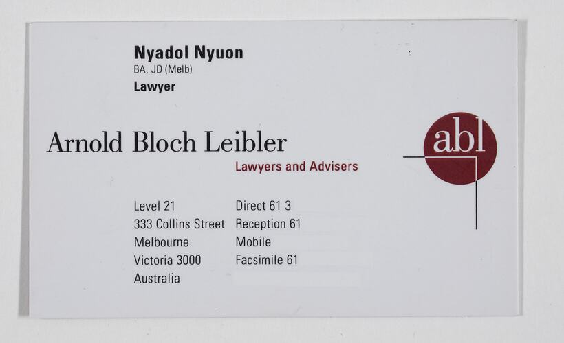 Business Card - Nyadol Nyuon, Arnold Bloch Leibler Law Firm, Melbourne (red logo), circa 2016