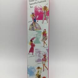 Back of empty Barbie doll box. Features images of Barbie in different costumes.