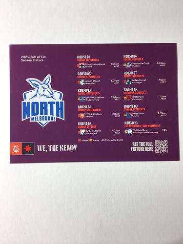 Purple fixture card with white and red printed text. Blue and white kangaroo logo.