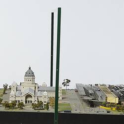 Model of Melbourne Museum, Royal Exhibition Building and Carlton Gardens. View from west.