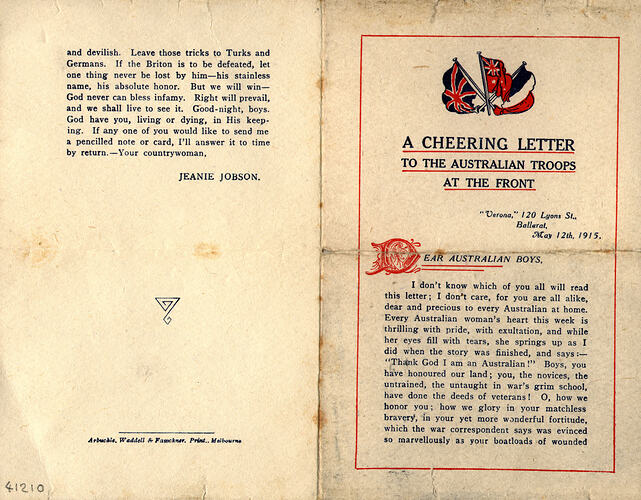 "A Cheering Letter to the Australian Troops at the Front. "Verona" 120 Lyons St. Ballarat" May 12th 1915."