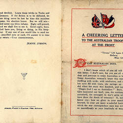 Leaflet - 'A Cheering Letter to the Australian Troops At The Front', Jeanie Jobson, Ballarat, 12 May 1915