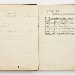 Open book with off white ruled pages. Handwritten text.