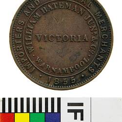 Token - 1 Penny, William Bateman Jnr & Co, General Merchants, Warrnambool, Victoria, Australia, 1855