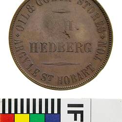 Mule Token - 1 Penny, O.H. Hedberg, Oil & Colour Stores, Hobart, Tasmania, Australia, circa 1870