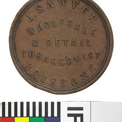 Token - 1 Penny, J. Sawyer, Tobacconist, Brisbane, Queensland, Australia, 1864